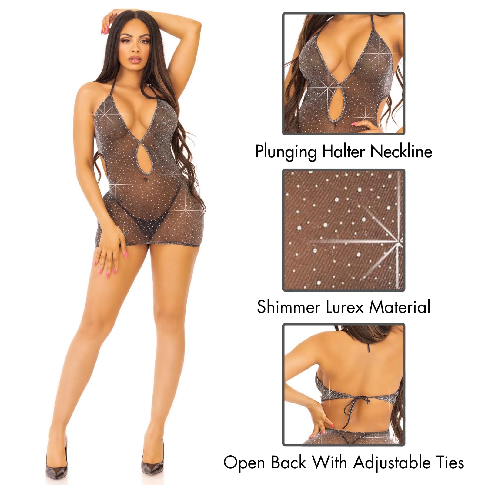 Shimmer Sheer Lurex Rhinestone Keyhole Halter Dress.