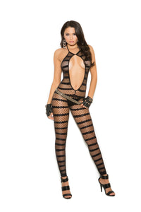 Elegant Moments Striped Diamond Net Bodystocking Black