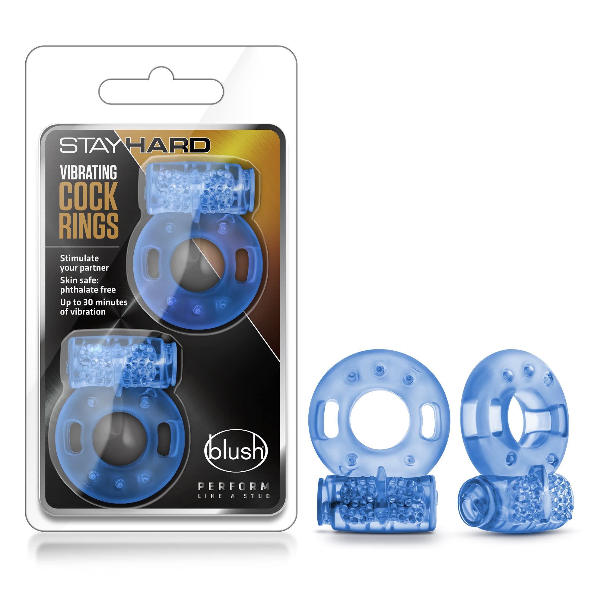 Blush Stay Hard - Male Enhancing Vibrating Stretchy Cock Rings - Disposable - 2 Pack - Blue