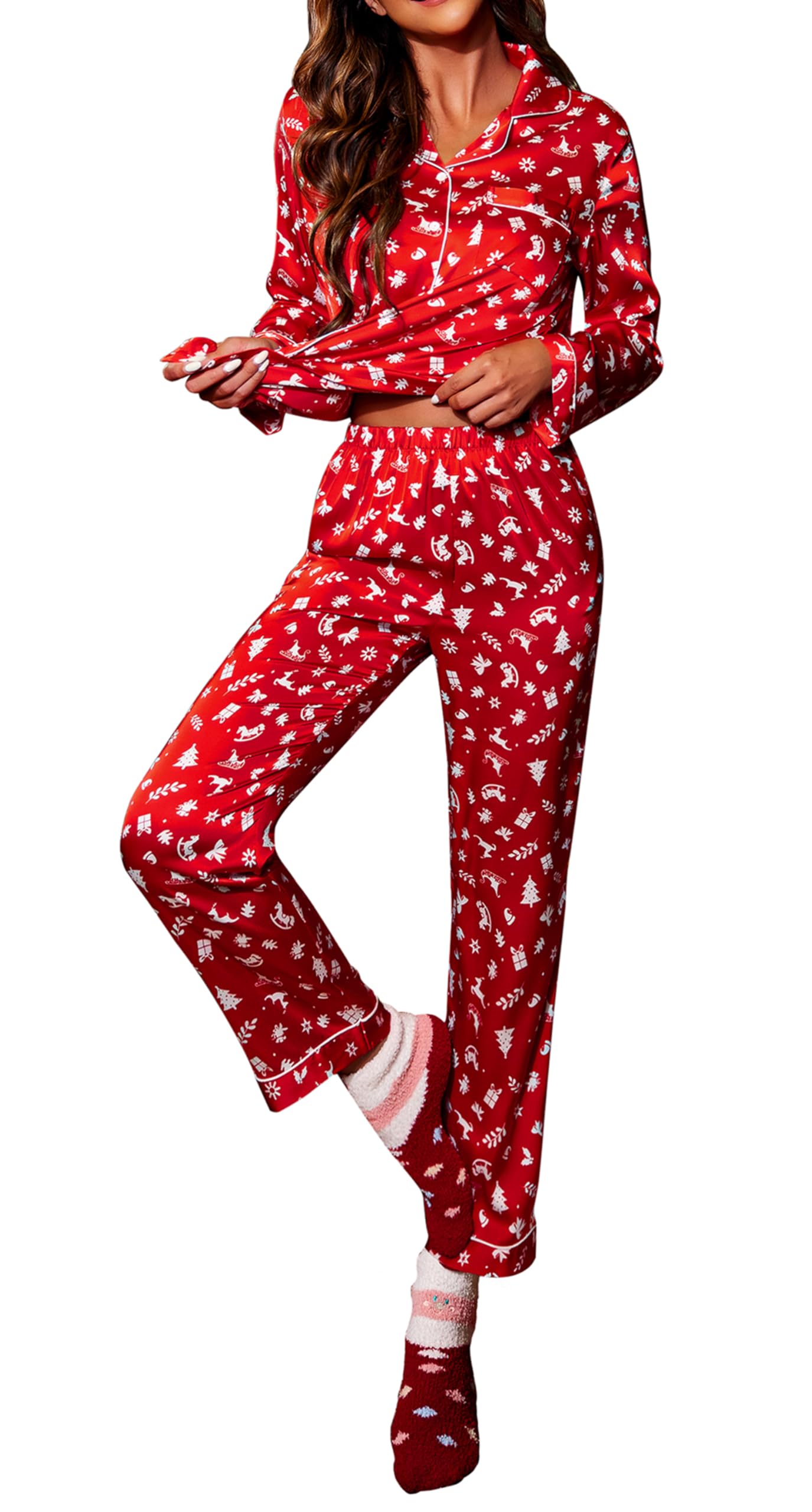 Ekouaer Silk Satin Pajamas Women s Long Sleeve Pj Set Soft Button Down 2 Piece Sleepwear Loungewear Christmas Red Print,M