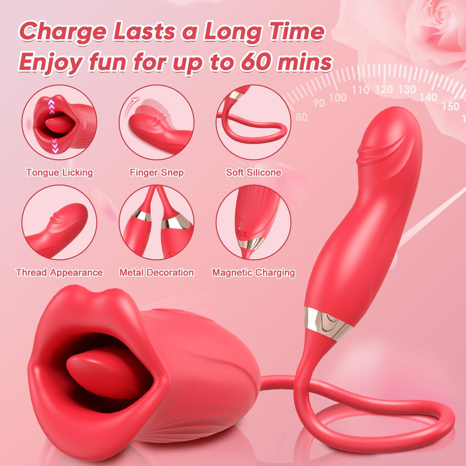 Vibrator Dildo Rose Sex Toy - 4 in 1 Tongue Toy for Women Clitoral Vibrator with 10 Tongue Licking & 10 Finger Vibrators Nipple