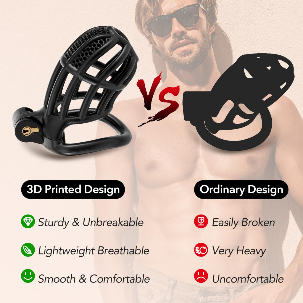 Male Chastity Device Cock Cage - UTIMI Large Plastic Chastity Cage for Man Penis Exercise 3D Printed Black Bondage Gear Lightwei