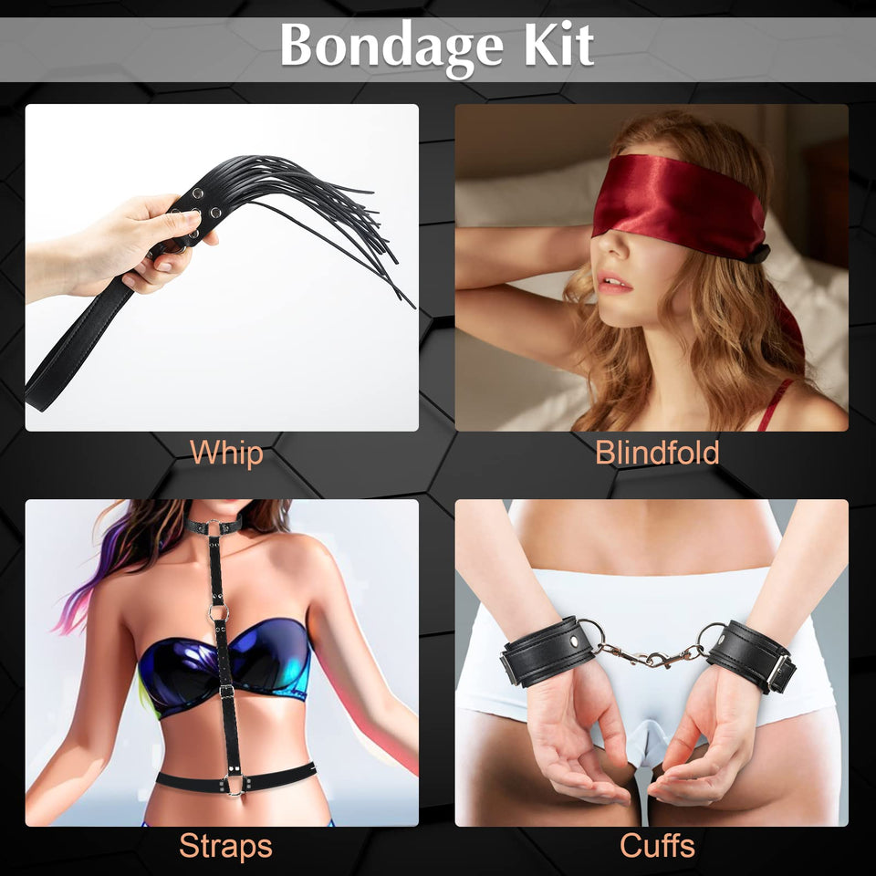 Sex Bondage BDSM Kit Restraints - 7PCS Set Neck to Wrist Behind Back Handcuffs Collar Waist Strap Blindfold Whip, Soft Leather B