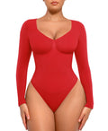 FeelinGirl Tummy Control Bodysuit for Women Long Sleeve Compression Thong Basic Shapewear Rust Red XL