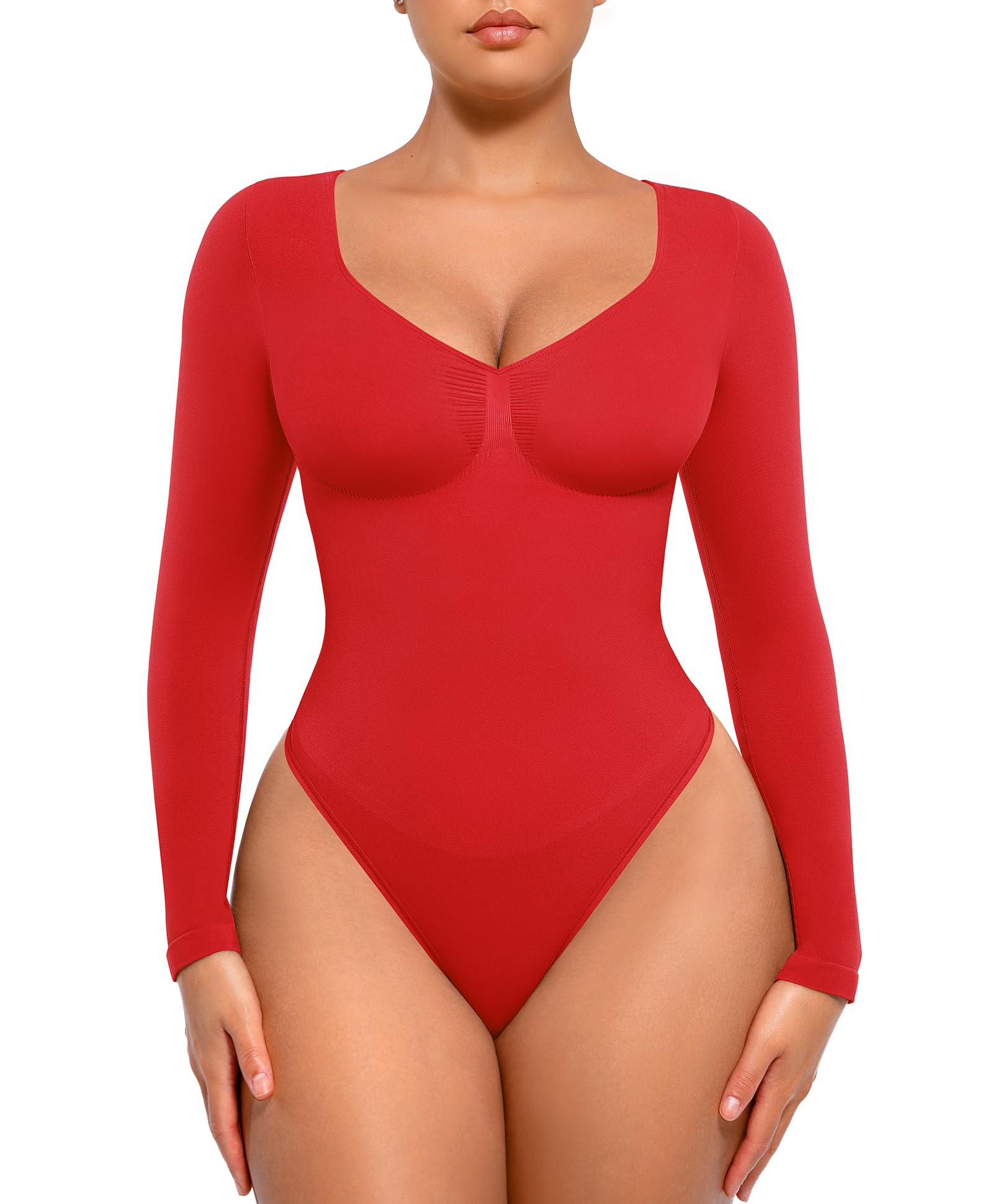 FeelinGirl Tummy Control Bodysuit for Women Long Sleeve Compression Thong Basic Shapewear Rust Red XL