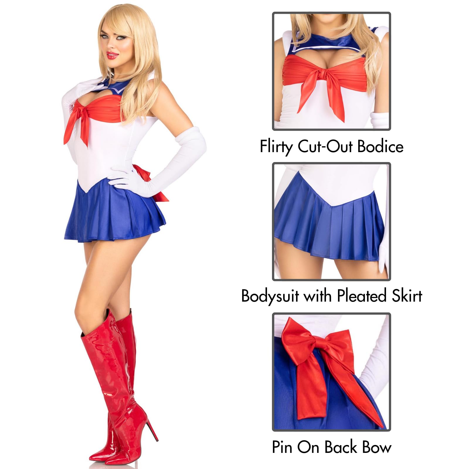 3 Pc Sexy Sailor, Includes Snap Crotch Bodysuit With Pleated Skirt, Pin On Back Bow, And Gloves.
