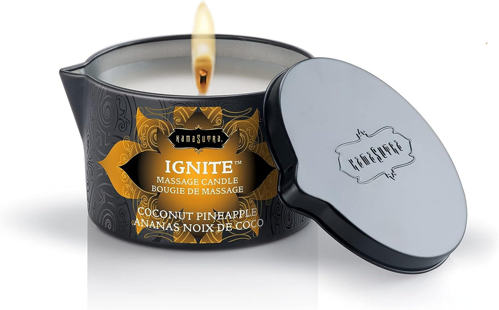 Kama Sutra Ignite Massage Candle - Coconut Oil And Soy Based - Coconut Pineapple, 6 Oz Melts Into A Warm Massage Oil, Couples Ma