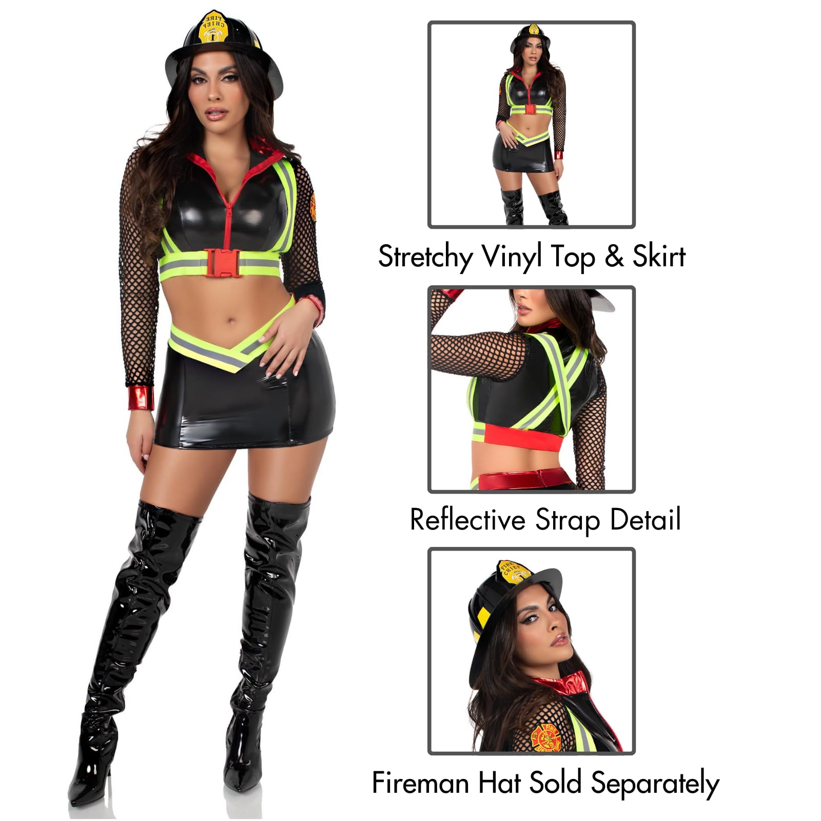 3 PC Five Alarm Fire Fighter, includes zip-up crop top, reflective harness, and mini skirt.