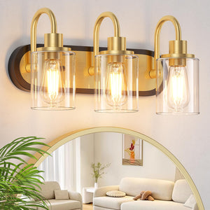 Baocuz 3-Light Black And Gold Vanity Light, Mid Century Brushed Gold Bathroom Light Fixtures Over Mirror With Clear Glass Shade
