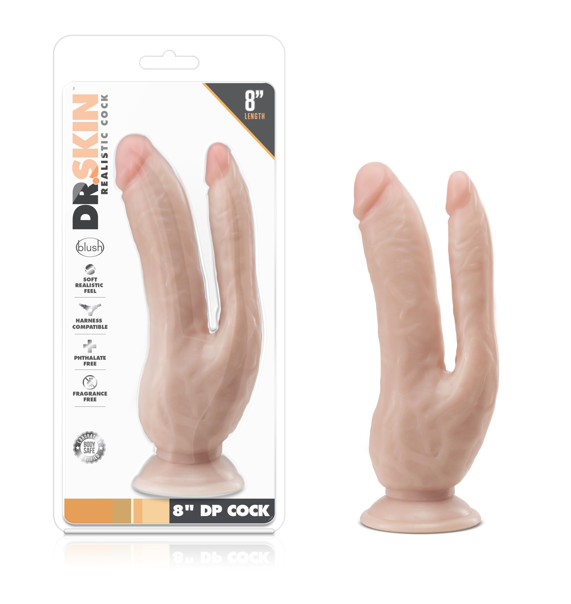Blush Dr. Skin 8.5 Realistic Double Dildo, 2 Different Girth Lifelike Double Penetration Cock, Suction Cup, Strap-On Compatible,