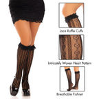 Sweetheart knit knee highs with lace ruffle cuff.