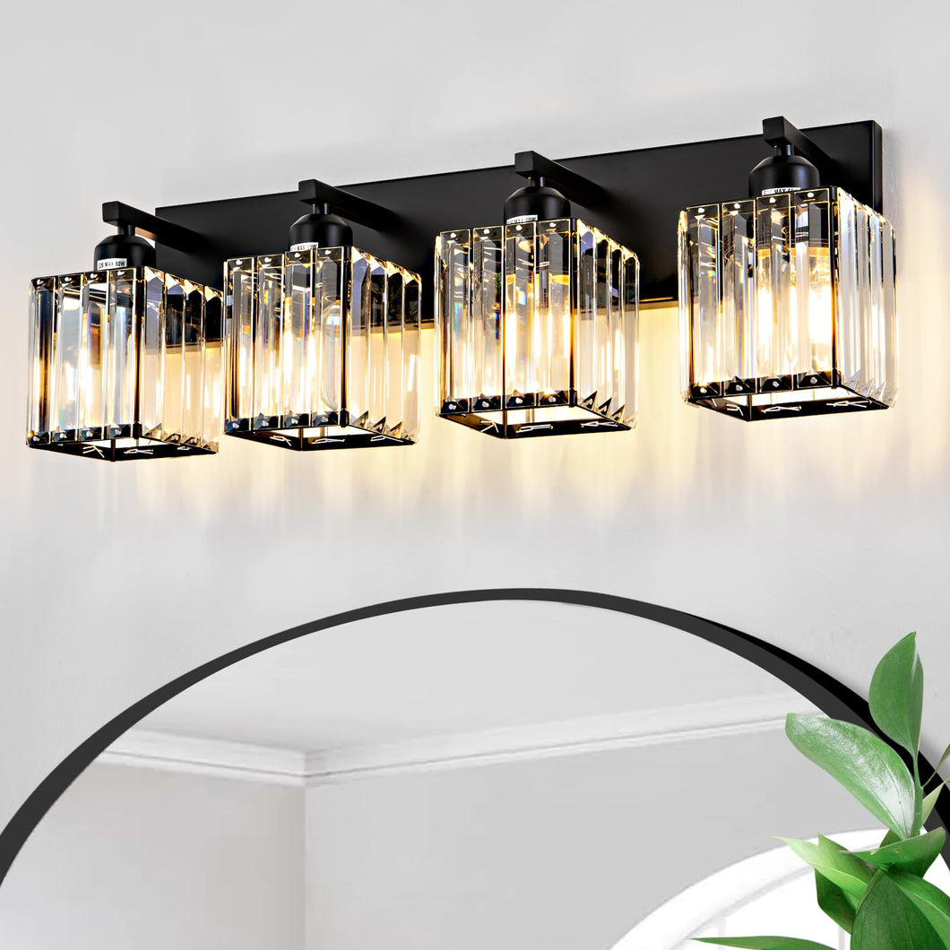 Aixialin Modern Crystal Bathroom Vanity Light 4-Lights Modern Black Crystal Bathroom Wall Light Bathroom Vanity Light Fixtures