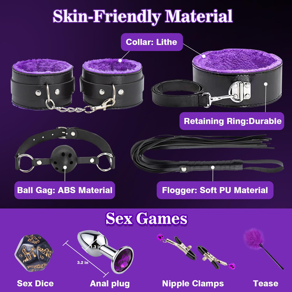 BDSM Sex Bondage Kit Restraints - 12PCS Sets with Adjustable Handcuffs Collar Ankle Cuff Blindfold Feather Tickler Anal Plug Adu