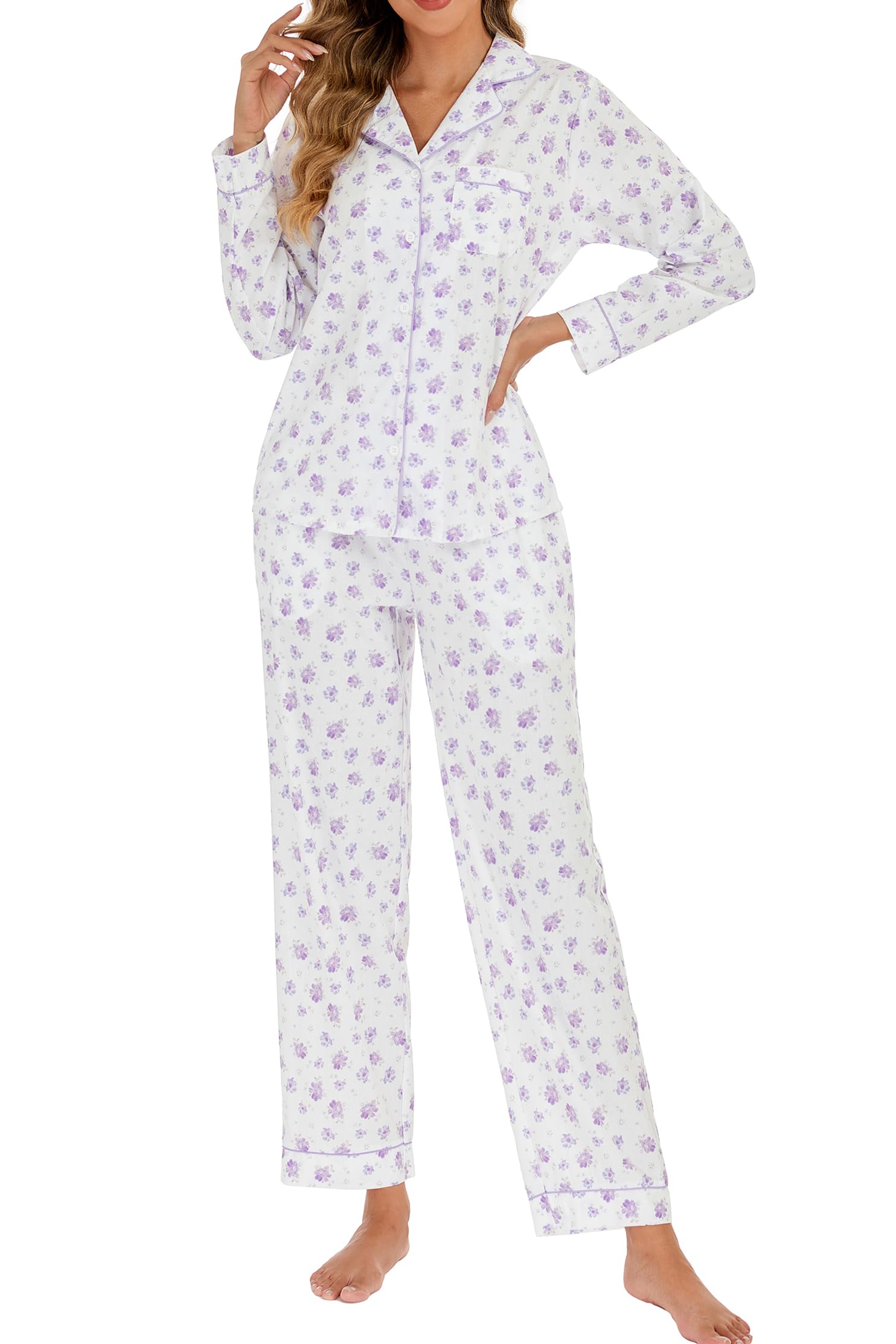 LUBOT 100% Cotton Pajamas for Women 2PC PJ Set Poplin Pajama Set Woven Long Sleeve Button-Down Two Piece Printed Sleepwear Loung