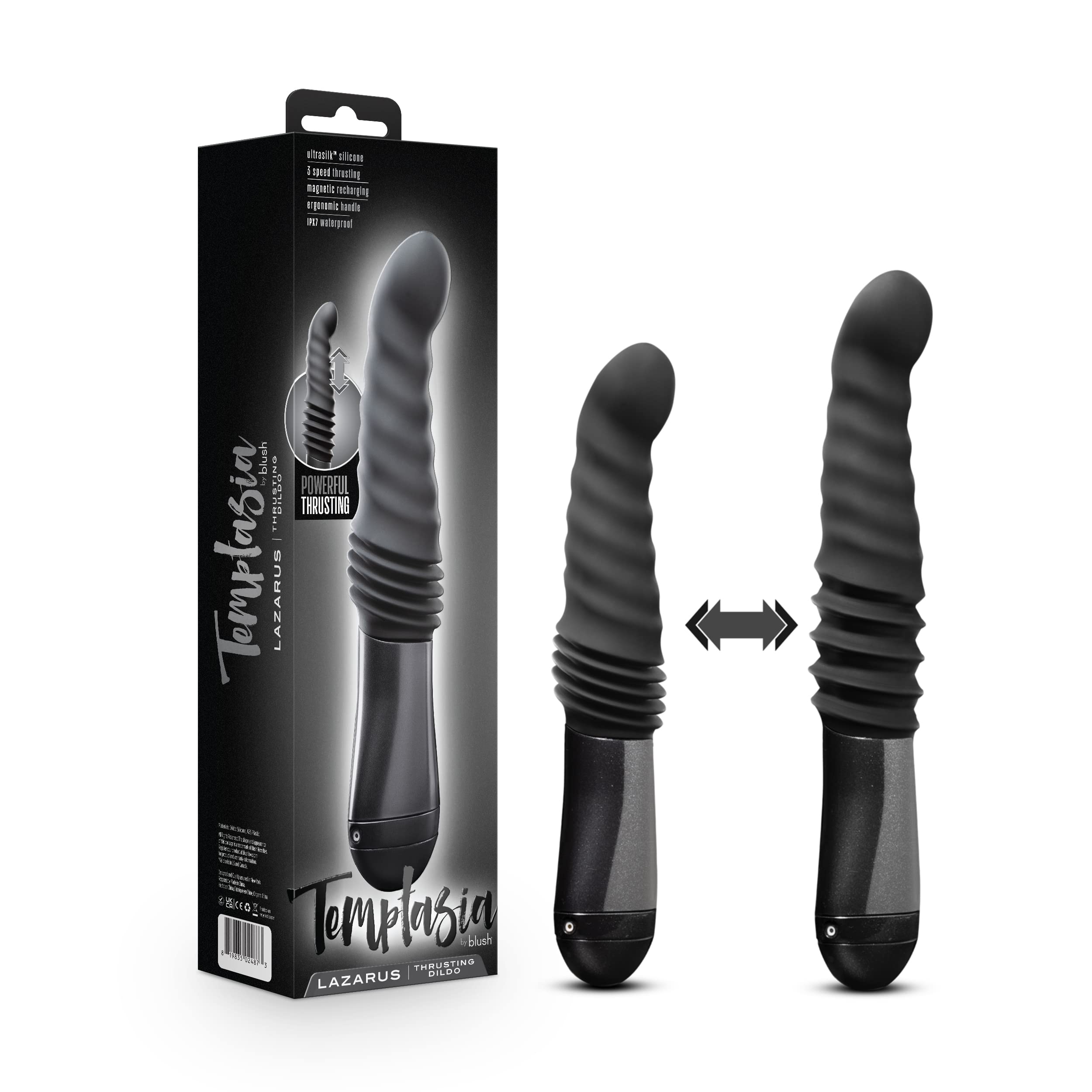 Blush Novelties Temptasia Lazarus Thrusting Silicone Dildo - for G Spot, P Spot Stimulation - Soft Puria Silicone - UltraSilk Sm