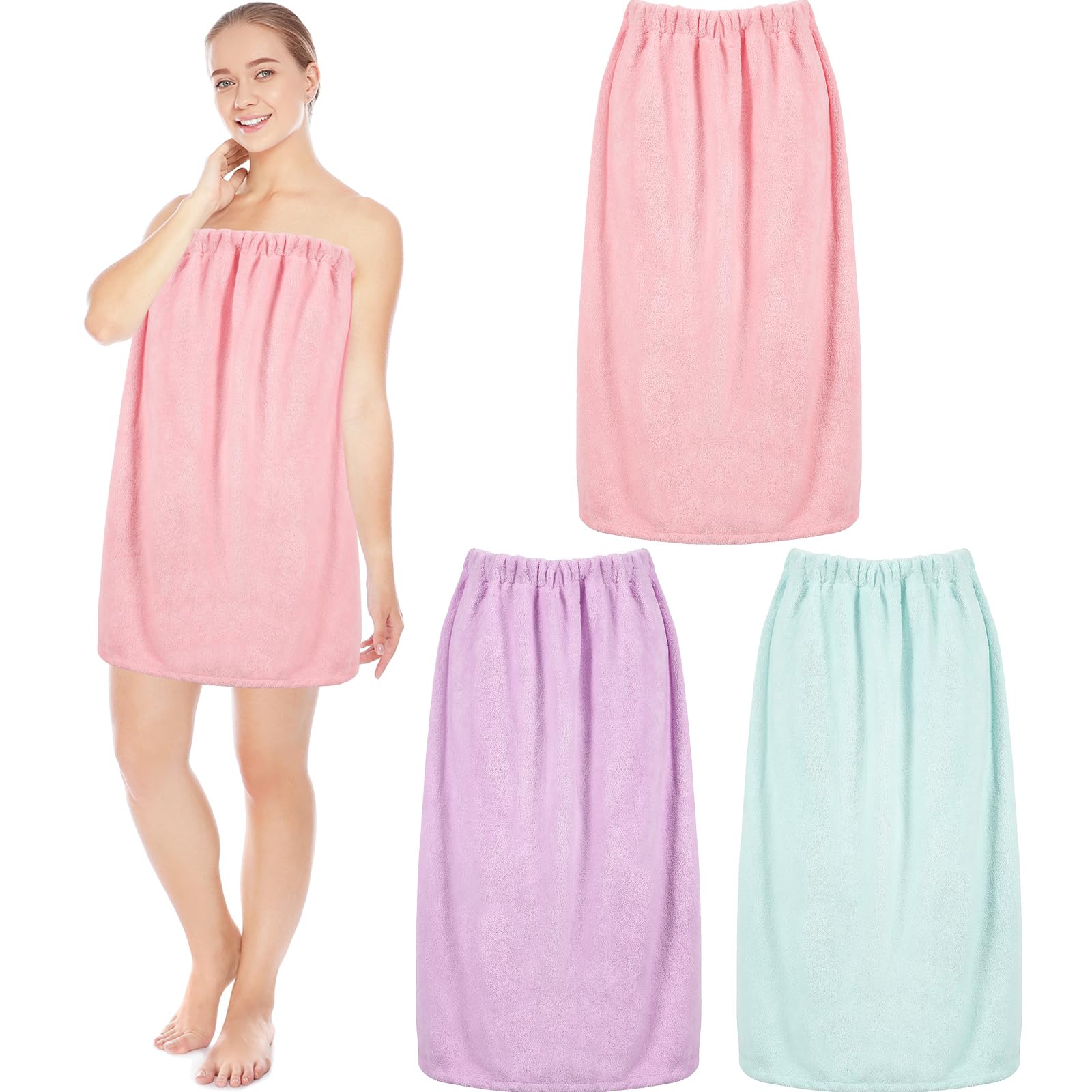 Cuffbow 3 Pcs Towel Wrap for Women Spa Body Robe Full Length Female Bath Shower with Adjustable Closure Elastic Top Plush(L,Ligh