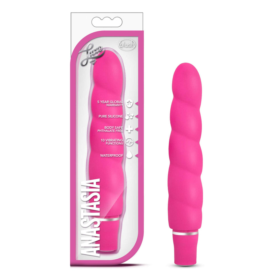 Blush Luxe Anastasia - 6 1/2 Inch 10 Vibrating Functions Spiral Platinum Silicone Aa Battery Powered Vibrator - Ribbed Stimulato