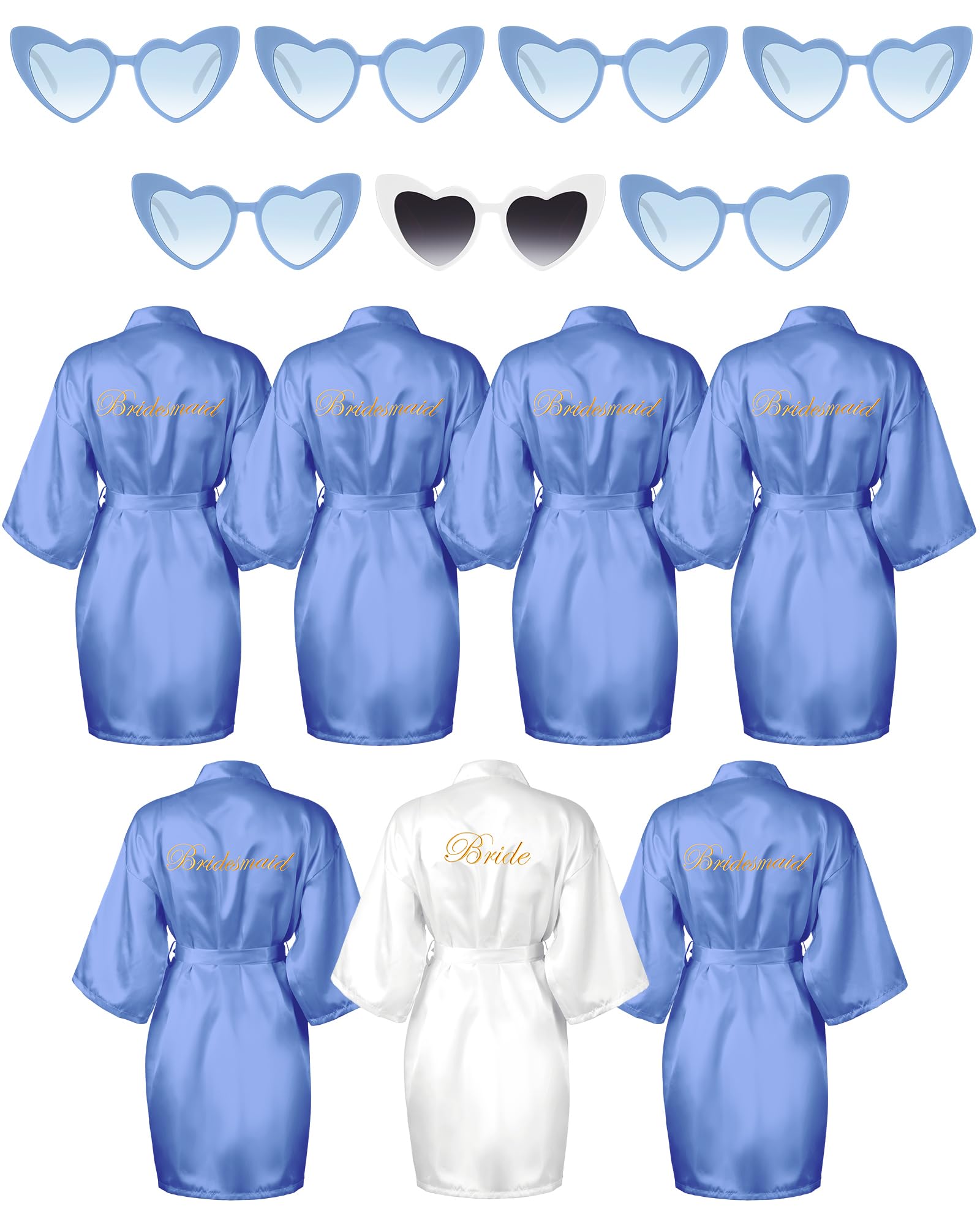 Xuhal 7 Pcs Bride Bridesmaid Robe Sets for Wedding Bridal Party Satin Robes Maid of Honor Robe with Heart Shaped Sunglasses(Ligh