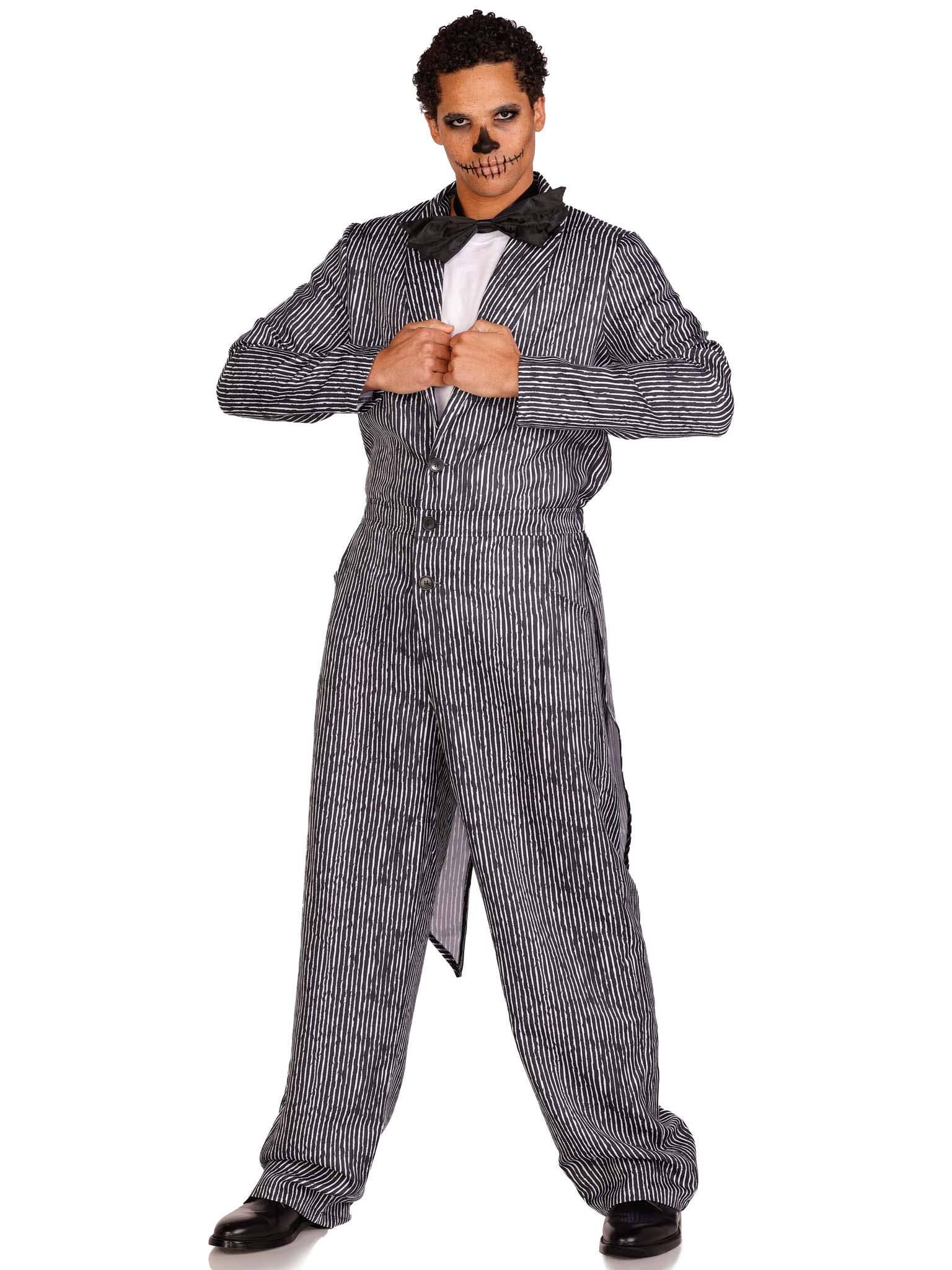 2 Pc Pinstriped Tux Jumpsuit, Includes One-Piece Button Front Jumpsuit And Bow Tie.