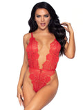 3 Pc Floral Lace Teddy With Ad - Medium / Red