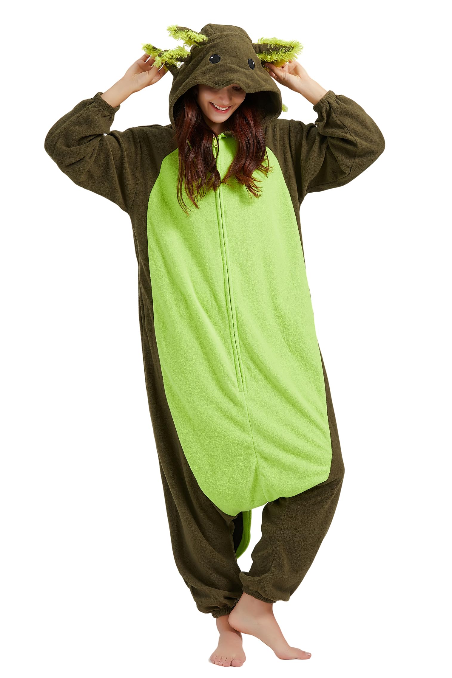 DELEY Unisex Green Axolotl Onesie Adult Pajamas Halloween Cosplay Costume Animal Jumpsuit Homewear Sleepwear