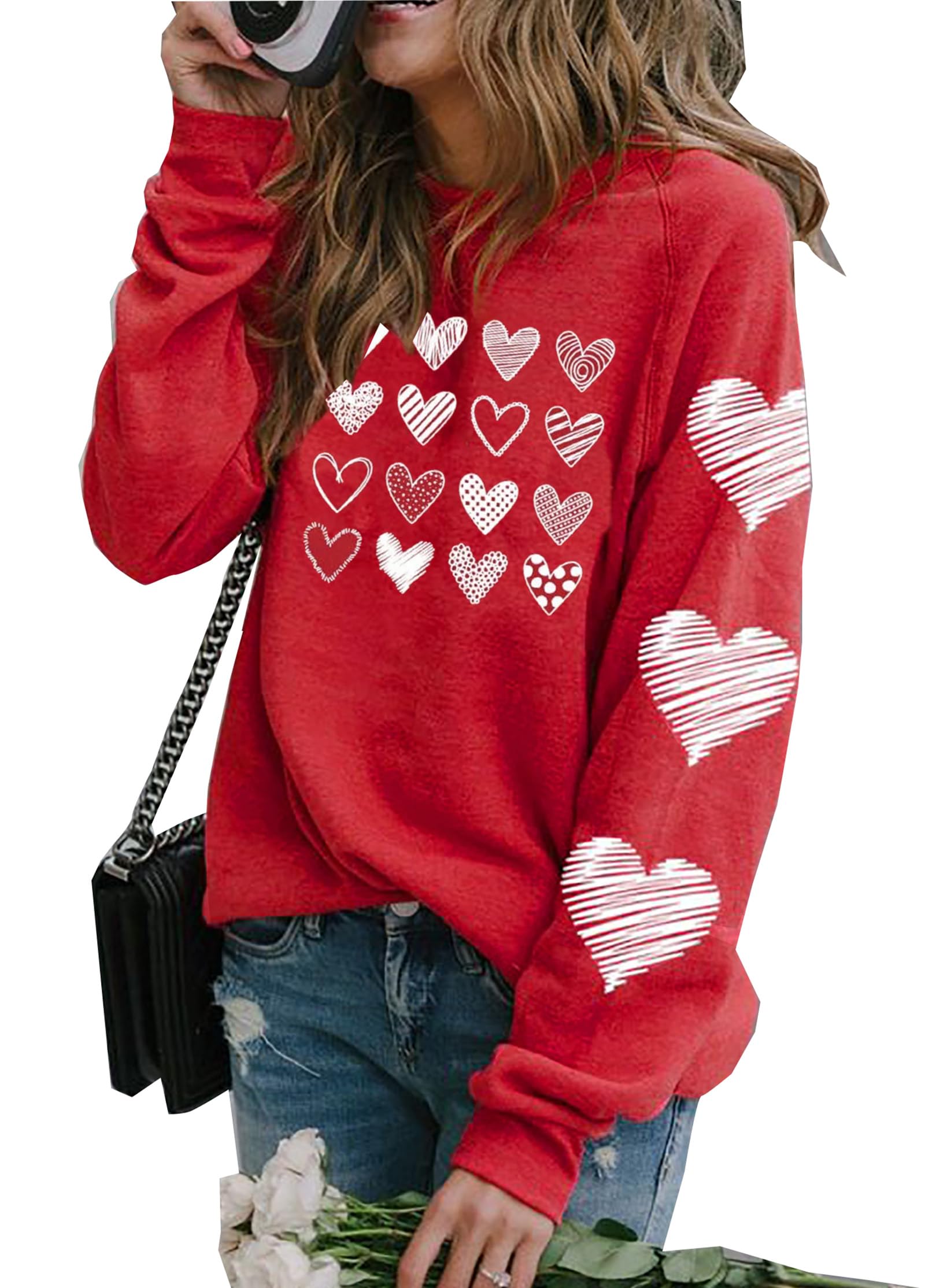 LLHXRUI Valentines Sweatshirt for Women Cute Heart Love Shirt Graphic Tees Raglan Long Sleeve Pullover Tops(Red-2,Medium)