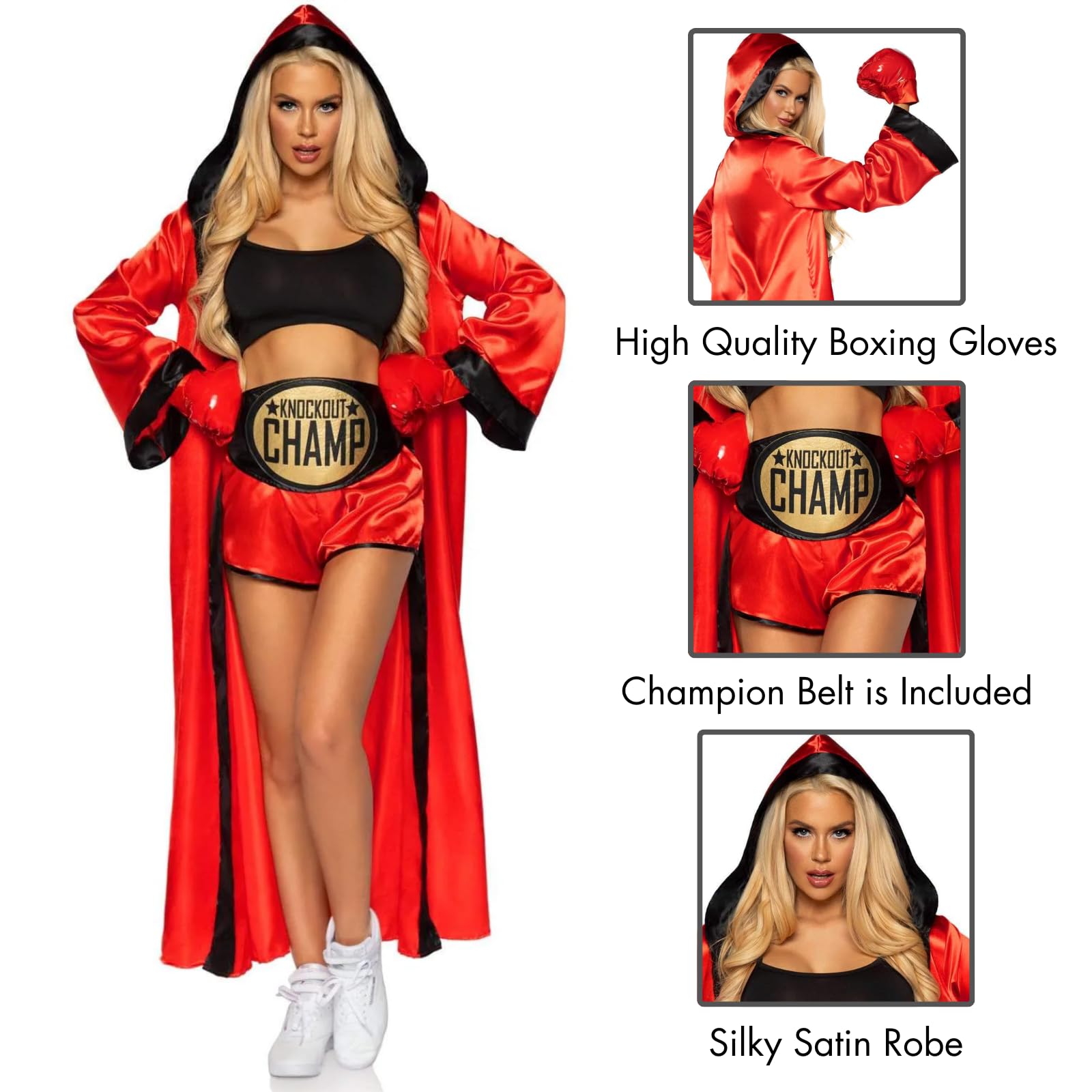 5 Pc Knockout Champ, Includes Crop Top, Shorts, Satin Hooded Robe, Champion Belt, And Boxing Gloves.
