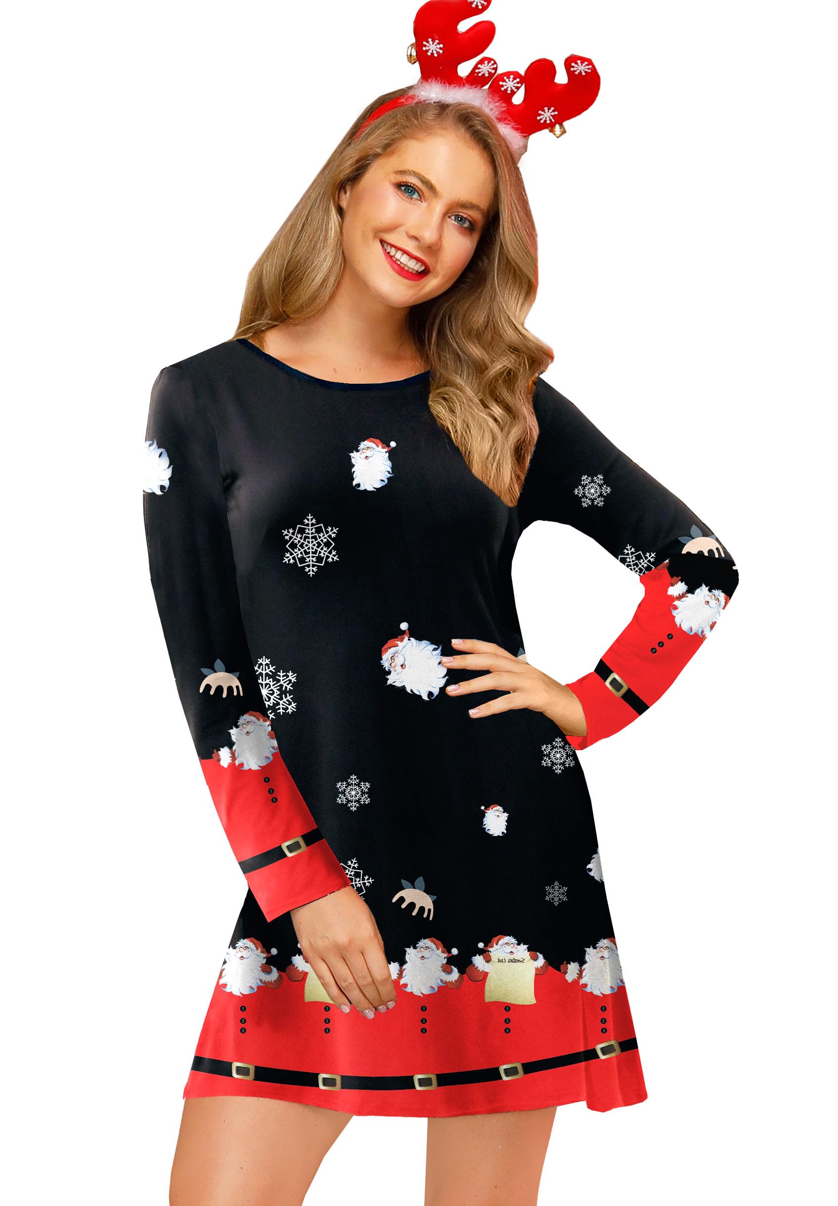 Christmas Dresses for Women A-Line Flared Xmas Santa Long Sleeve Swing Ugly Party Costume Dark Night L