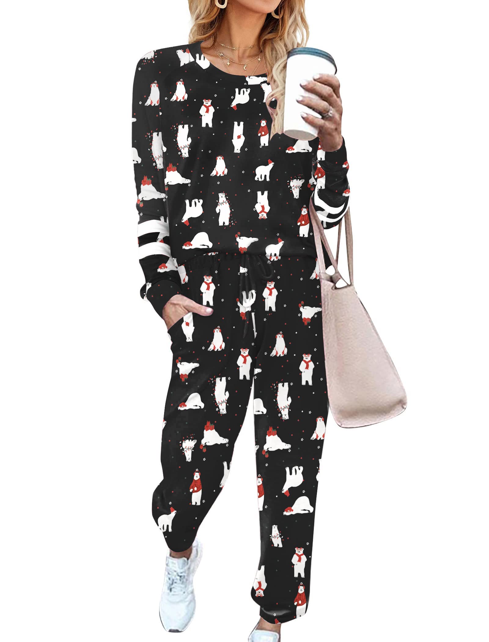 Ekouaer Sweatsuits Womens Loungewear Set Tracksuit Long Sleeve Pajamas Set with Pockets 2 Piece Outfits Lounge Sets Christmas Bl