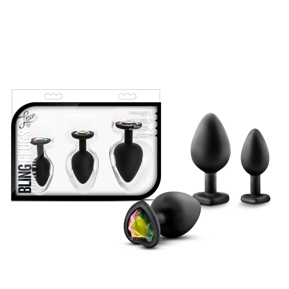 Blush Novelties Luxe - Anal Bling Butt Plug Heart Shape Gem Sex Toy 3 Piece Training Kit Soft Satin Silicone - Black Rainbow Gem