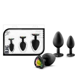 Blush Novelties Luxe - Anal Bling Butt Plug Heart Shape Gem Sex Toy 3 Piece Training Kit Soft Satin Silicone - Black Rainbow Gem