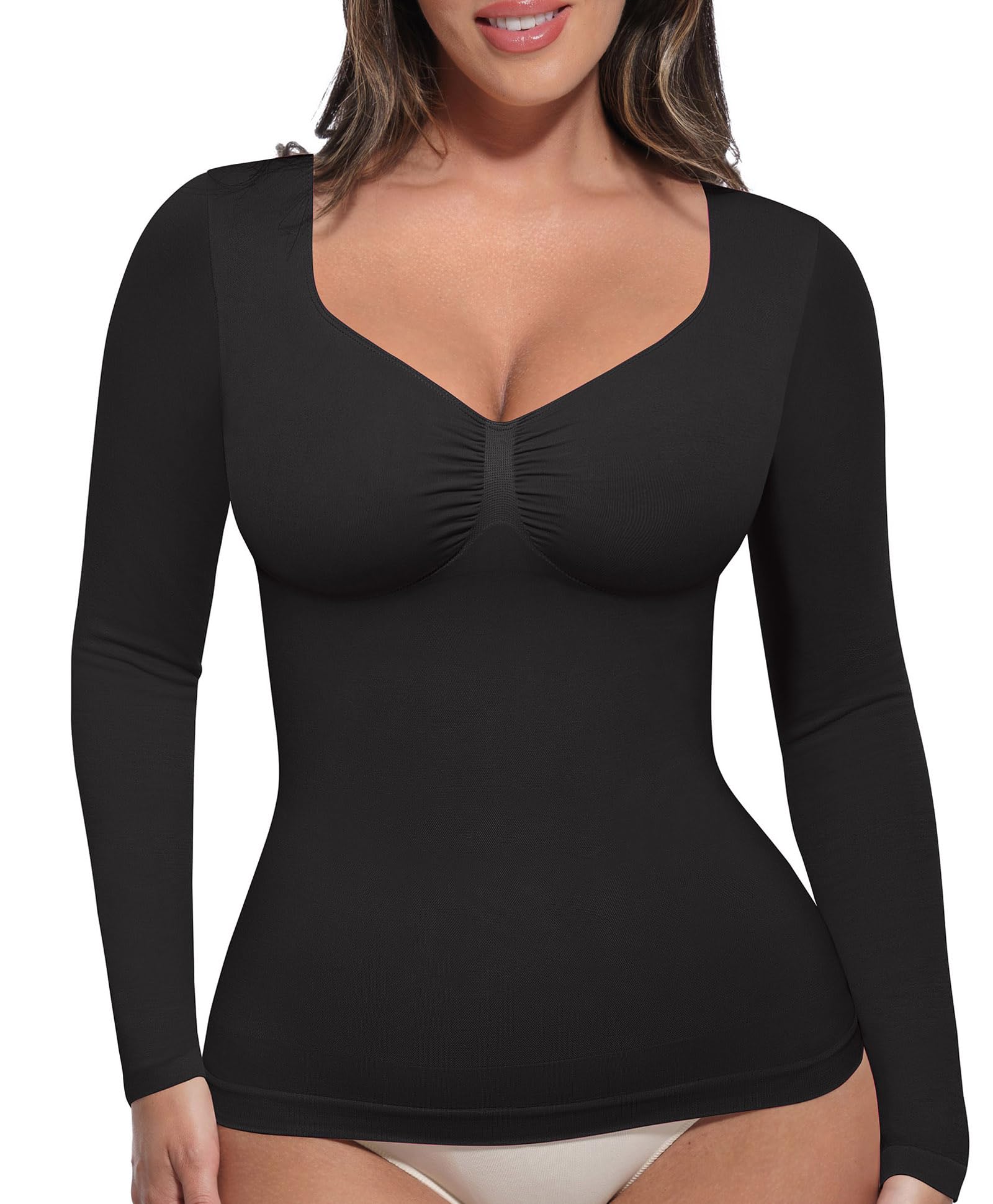 FeelinGirl Long Sleeve Shirts Tummy Control Shapewear Compression Tops Tshirts Shirts for Women Slimming Top Black XX-Large