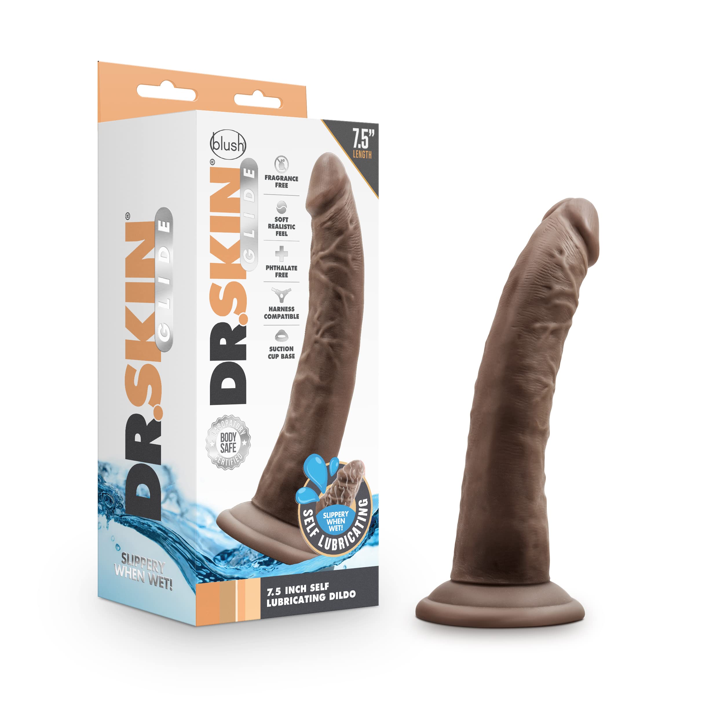 Blush Dr. Skin Glide 7.5 Self-Lubricating Dildo - Feels Like Skin Realistic Penis, Suction Cup, O-Ring Compatible Anal, Vaginal 