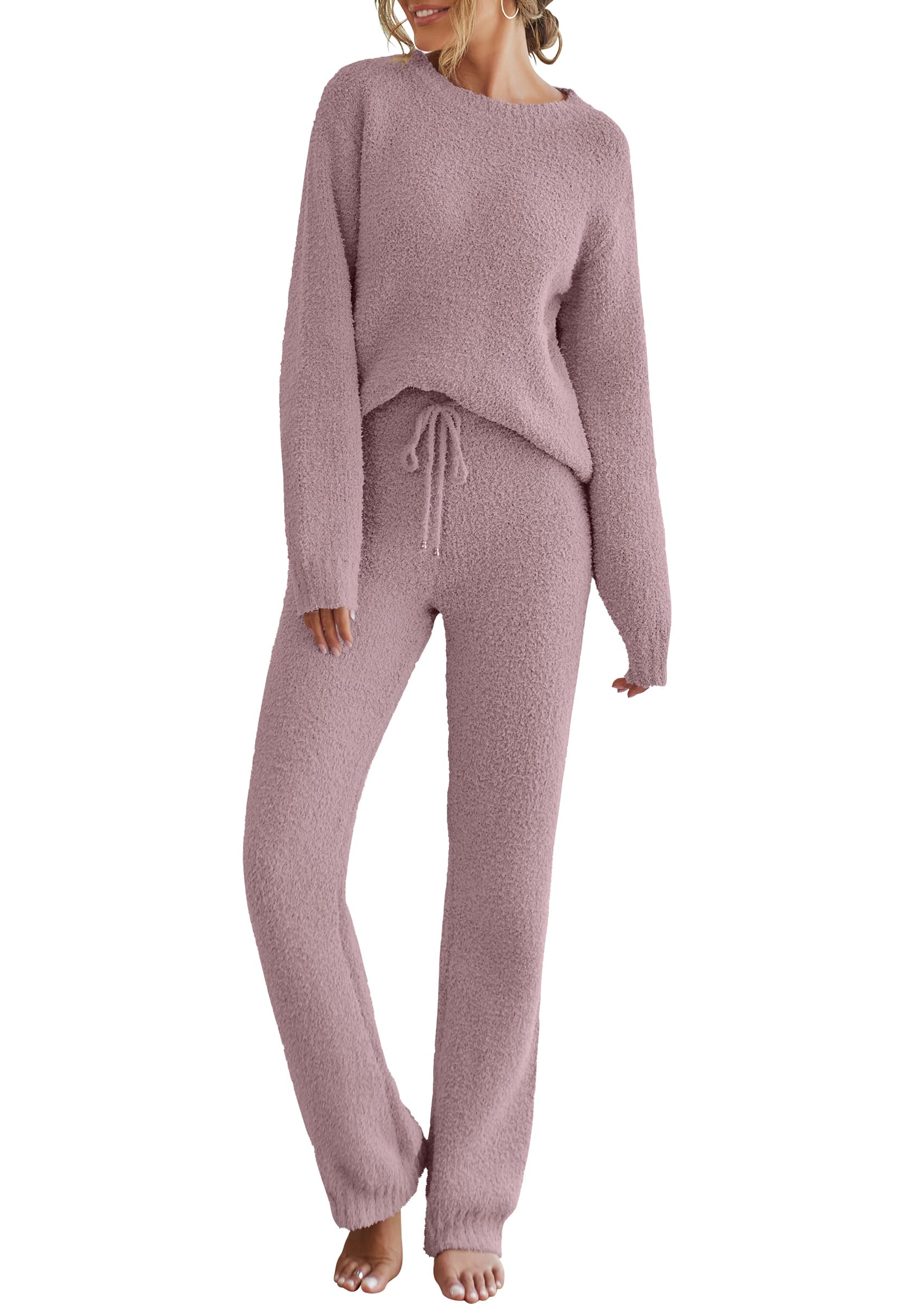 MEROKEETY Womens Pajama Sets 2025 Fall Lounge Sweater Set Cute Fuzzy Fleece 2 Piece Long Sleeve Cozy Winter Pj Outfits, Taro, Me