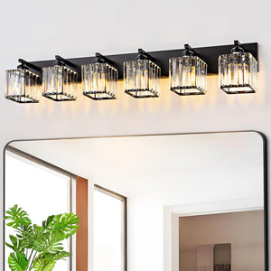 Aixialin Modern Black Crystal Bathroom Vanity Light For Bathroom 6 Light Vanity Lighting Fixtures Over Mirror Wall Sconce