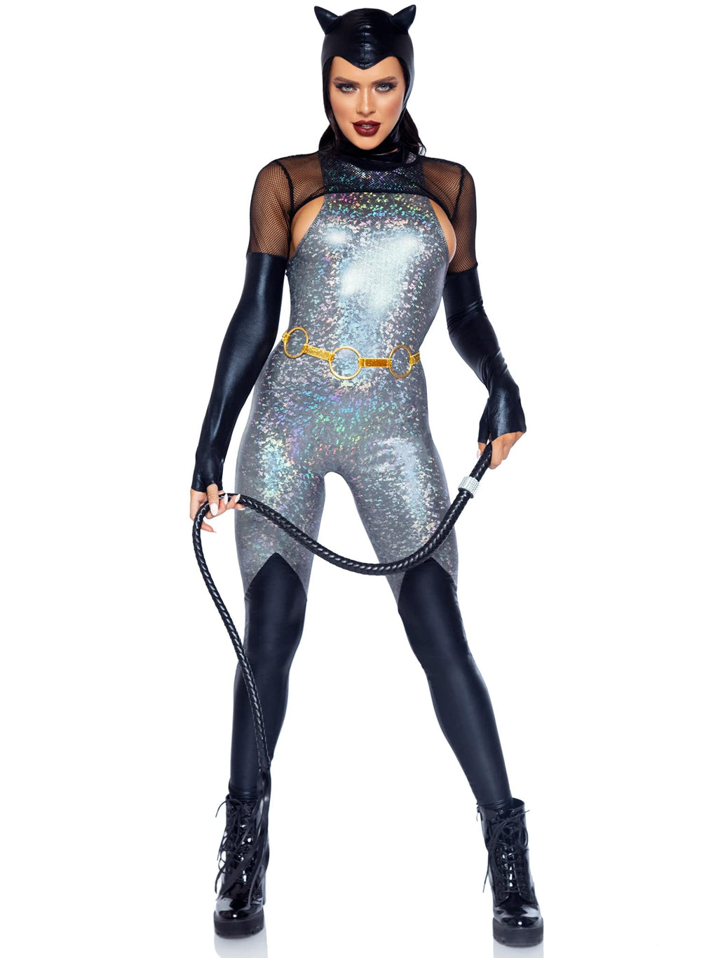 4 Pc Feline Felon, Includes Holographic Catsuit With Boot Detail, Fishnet Gloved Shrug, Cat Ear Skull Cap, And Belt.