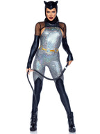 4 Pc Feline Felon, Includes Holographic Catsuit With Boot Detail, Fishnet Gloved Shrug, Cat Ear Skull Cap, And Belt.