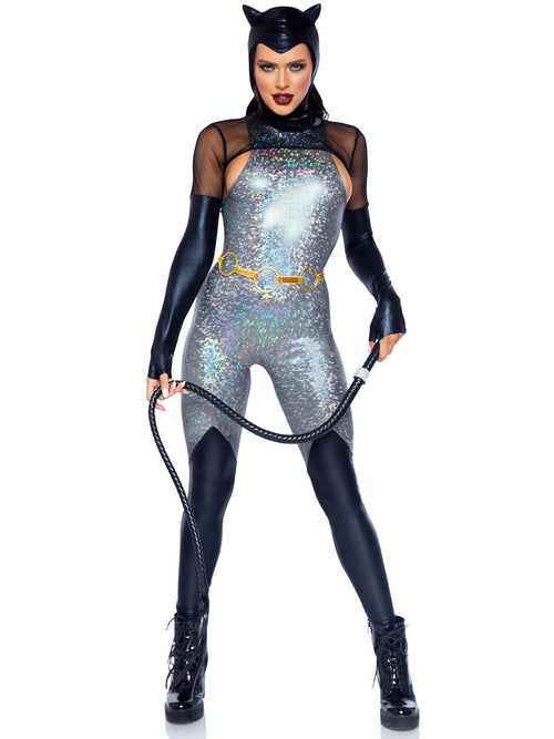 4 Pc Feline Felon, Includes Holographic Catsuit With Boot Detail, Fishnet Gloved Shrug, Cat Ear Skull Cap, And Belt.