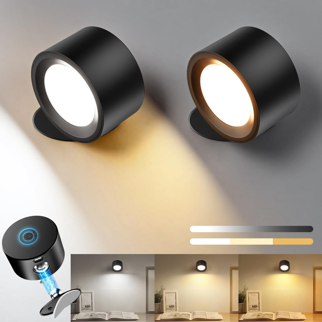 Auderwin Led Wall Sconces Set Of 2 Battery Operated Rechargeable Wall Lamp Wireless Lights, 3 Color Temperatures & Dimmable, 360