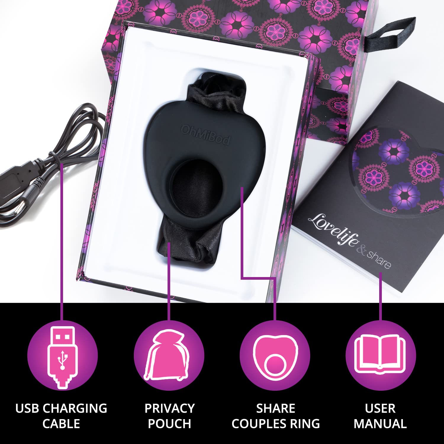 Ohmibod Lovelife Share Couples Ring - Vibrating Ring - Persononal Massager - Black