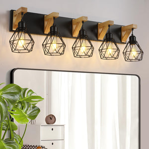 5-Light Farmhouse Bathroom Vanity Light Fixtures, Wood Bathroom Light Over Mirror, Rustic Sconces Wall Lighting With Elegant Met
