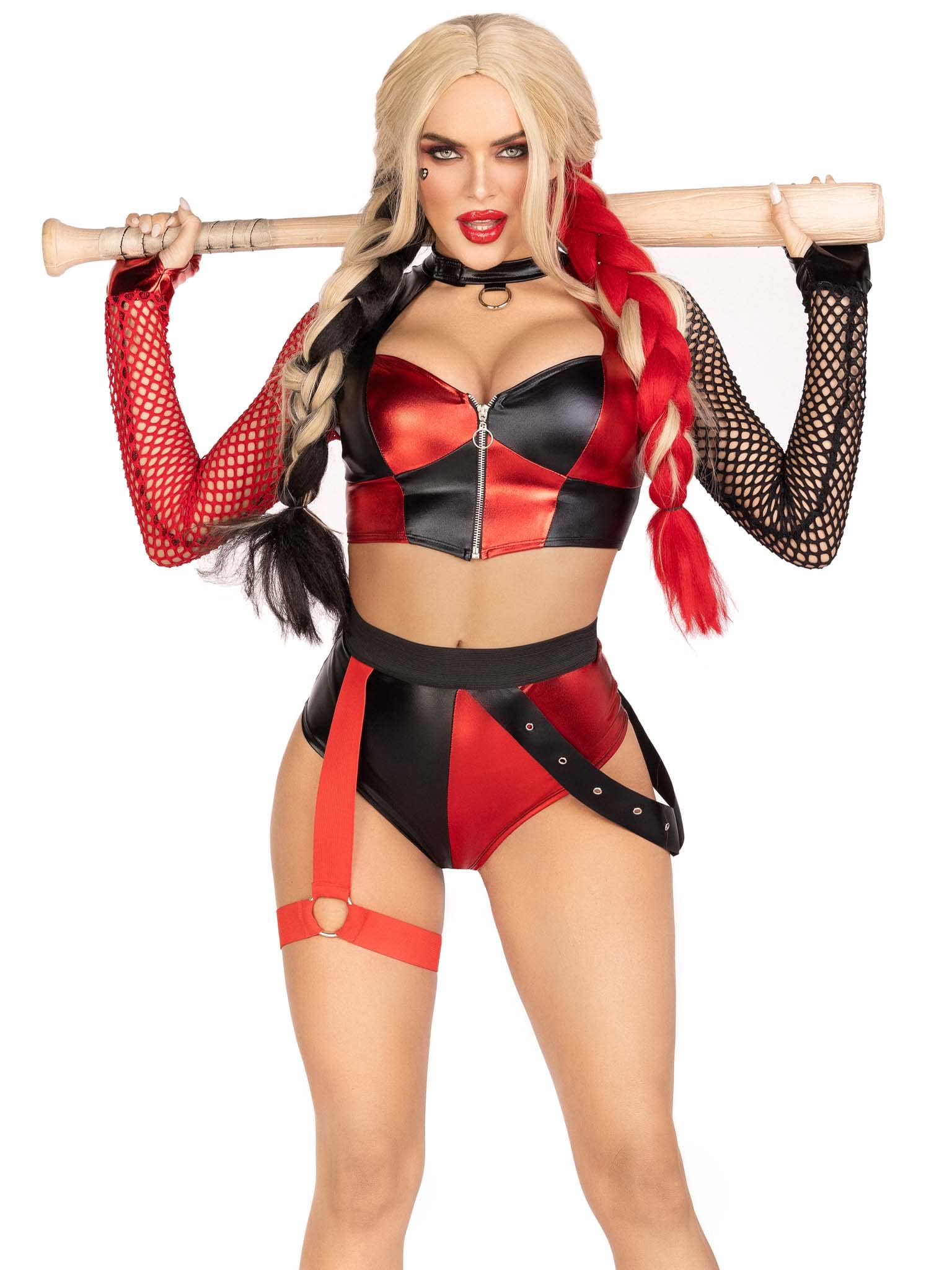 2 Pc Crime Spree Sweetie, Includes Zip Up Crop Top With Gloved Net Sleeves And Bottoms With Attached Garter.