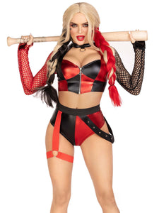 2 Pc Crime Spree Sweetie, Includes Zip Up Crop Top With Gloved Net Sleeves And Bottoms With Attached Garter.