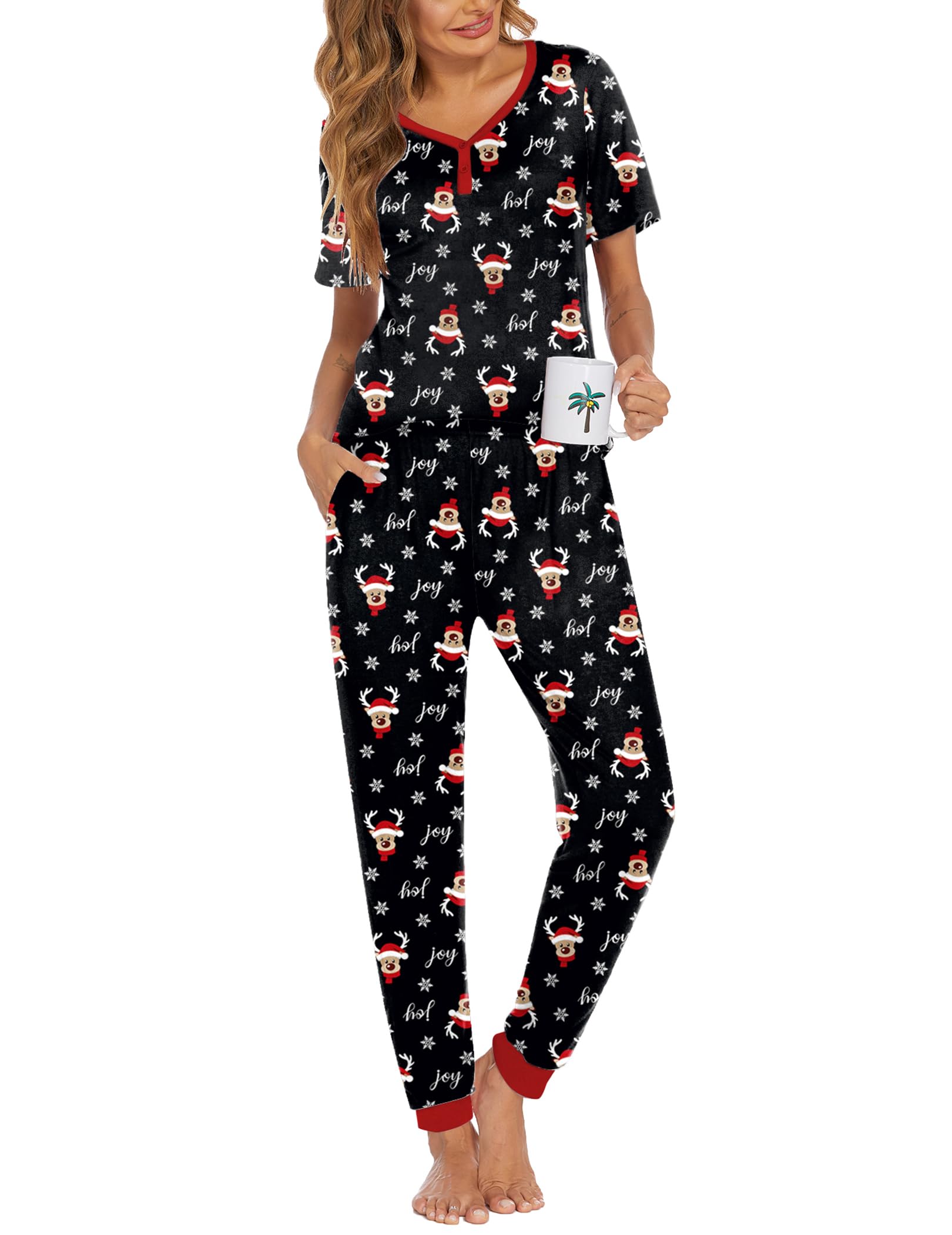 Ekouaer Pajamas for Women Set 2 Piece Lightweight Summer Lounge Sets Short Sleeve Tops Joggers Long Pants Pjs with Pockets Black