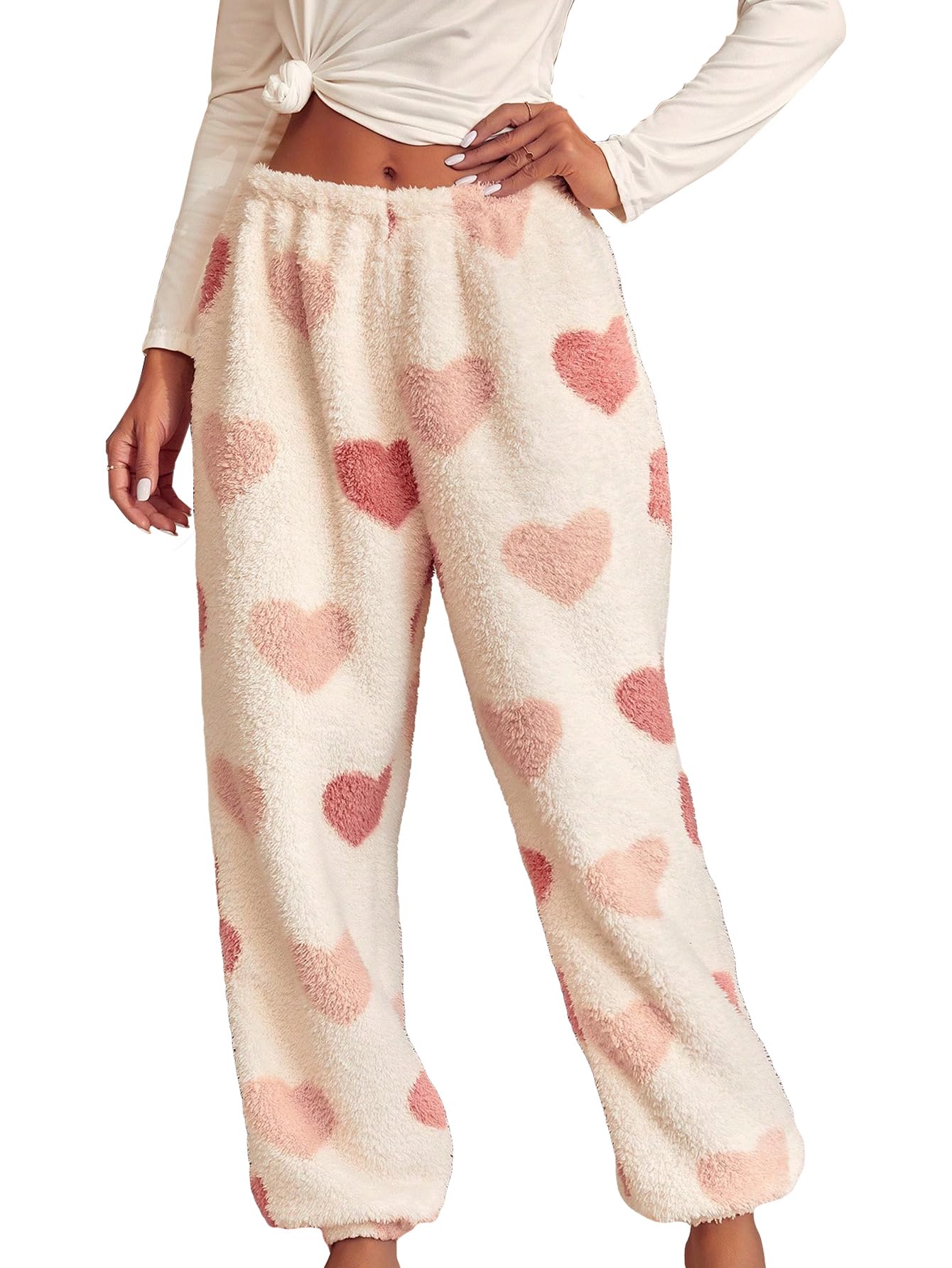 Verdusa Womens Buffalo Plaid Print Fuzzy Pajama Pants Loungewear Sleep Pants Beige Heart Medium
