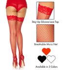Spandex fishnet thigh highs with backseam and stay up silicone lace top.O/S RED