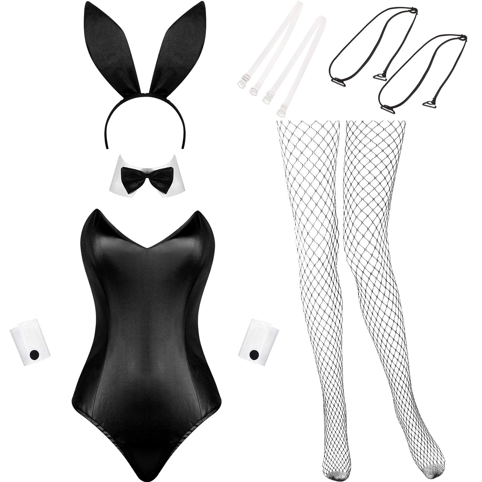 Geyoga Anime Women Bunny Costume Halloween Cosplay Bodysuit Role Outfit With Headband and Stocking Set (Medium, White and Black)