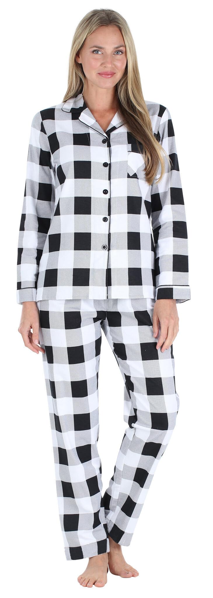 PajamaMania Womens Cotton Flannel Long Sleeve Button-Down Pajamas PJ Set, Black White Plaid, Large