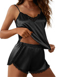 Ekouaer Pajama Sets for Women 2 Piece Silk Lingerie Sleepwear Satin Cami Pj Shorts Set Soft Nightwear Black L
