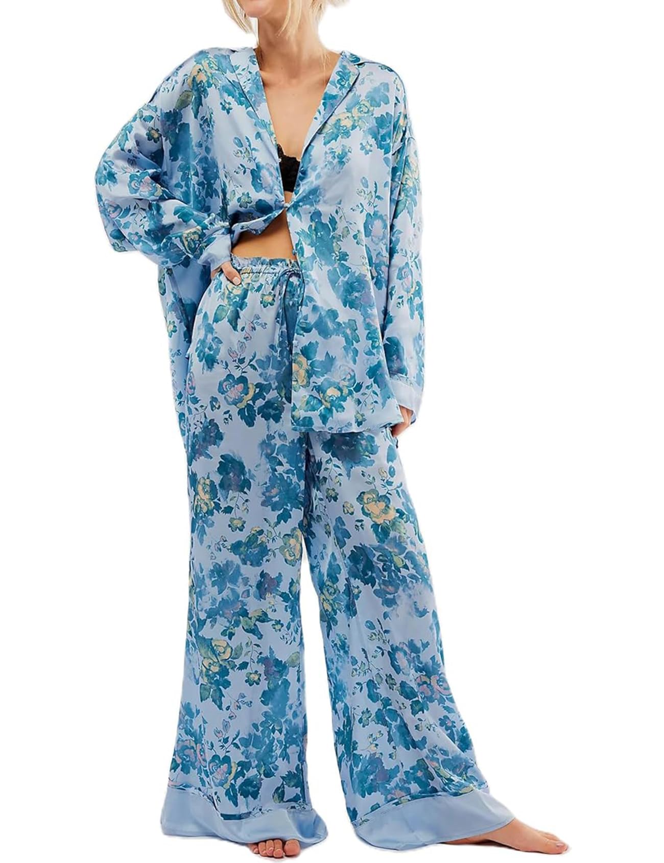 Yimoon Womens Satin Pajama Set Floral Silk Pajamas 2 Piece Cute Long Sleeve Button Down Pjs Sleepwear Lounge Set(Blue-L)